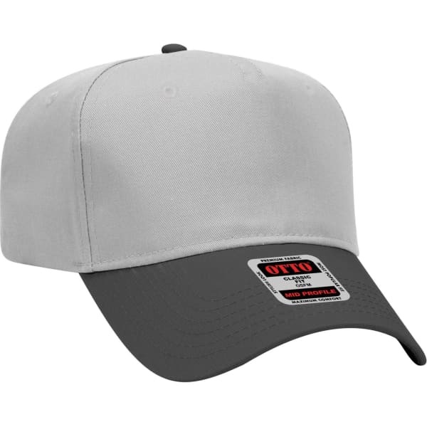 A 5 panel mid crown baseball cap featuring a grey and dark grey colour scheme and a logo on the front.