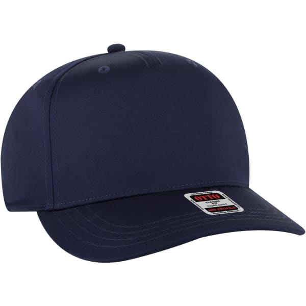 A navy blue 5 panel mid crown baseball cap with a curved brim and a logo tag on the front.