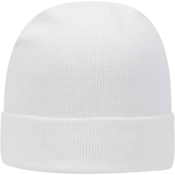 A white classic knit beanie with a ribbed texture and a folded cuff, featuring a logo.