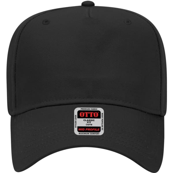 A black 5 panel mid crown baseball cap featuring a logo on the front.