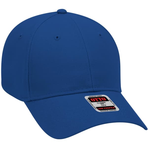 A blue 6 panel low profile baseball cap with a branded label on the front.