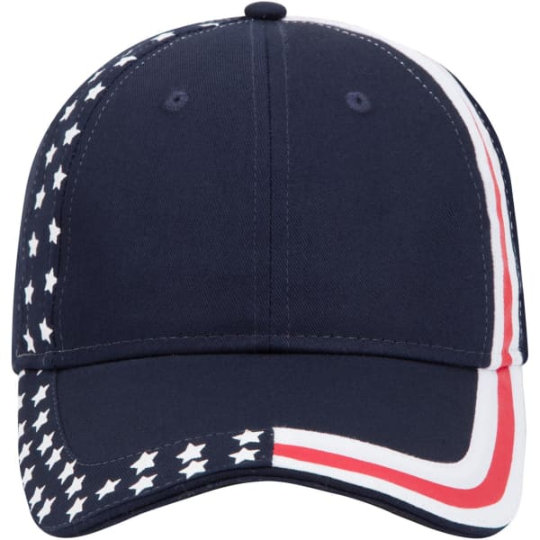 A navy blue cap featuring stars and stripes designs on the sides and front. It has a logo on the front.