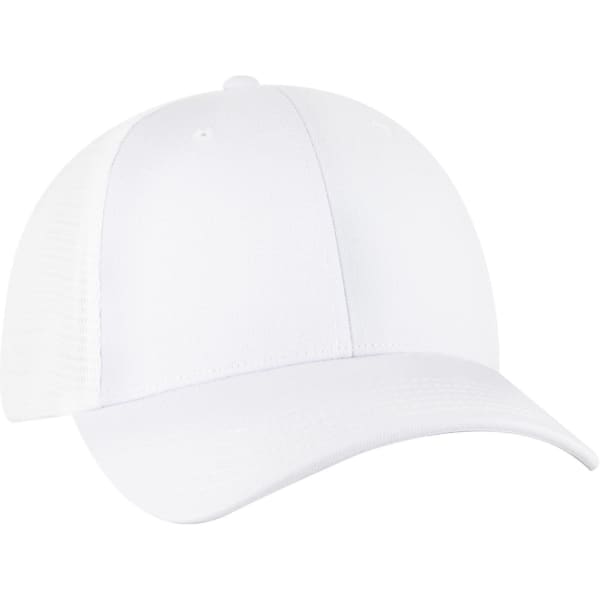 A white low profile trucker cap featuring a six-panel design and a mesh back. It has a branding logo.