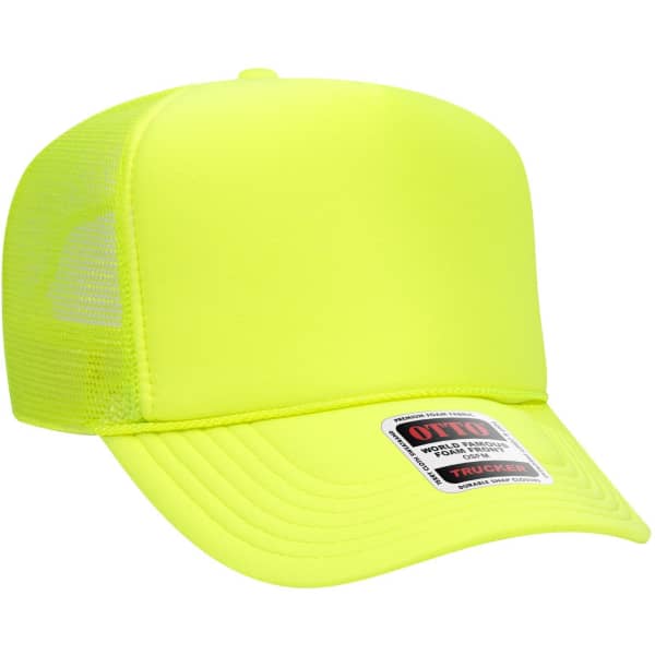 A bright yellow 5 Panel High Crown Trucker Cap with a mesh back and a logo on the tag.