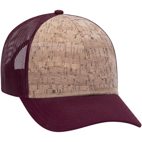 A maroon 6 Panel Low Profile Trucker Cap with a cork-patterned front and mesh back, featuring a logo.