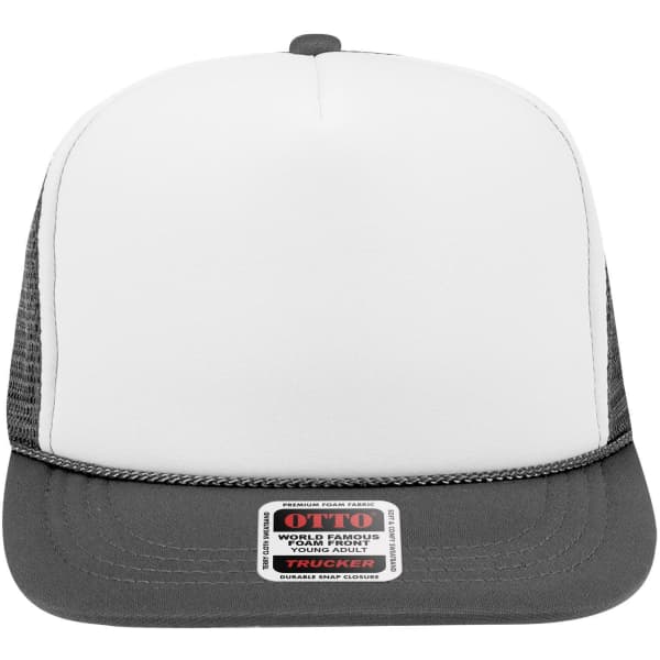 A 5 panel high crown trucker cap featuring a white front and grey mesh back, with a logo on the front.