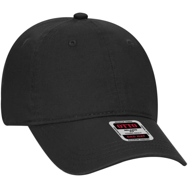 A black 6 panel low profile dad cap featuring a logo on the front. Suitable for casual wear.