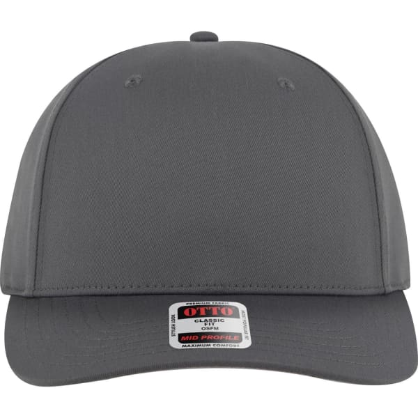 A grey mid-profile baseball cap with a seamless design and a logo on the front.