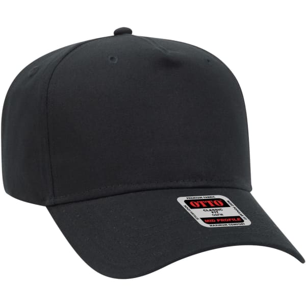 A black 5 panel mid-profile baseball cap with a logo on the front and a curved brim.
