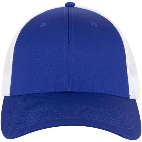 A low-profile trucker cap featuring a royal blue front and white mesh back, with a branding logo.