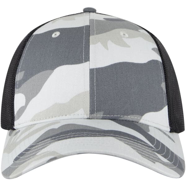 A grey and white camo 6 panel low profile trucker cap with a black mesh back and a logo on the front.