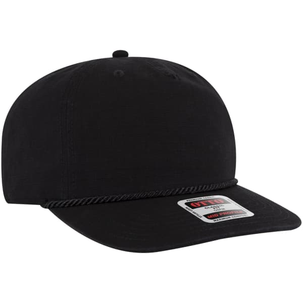A black 5 panel mid profile baseball hat with a rope detail and a small logo on the front.
