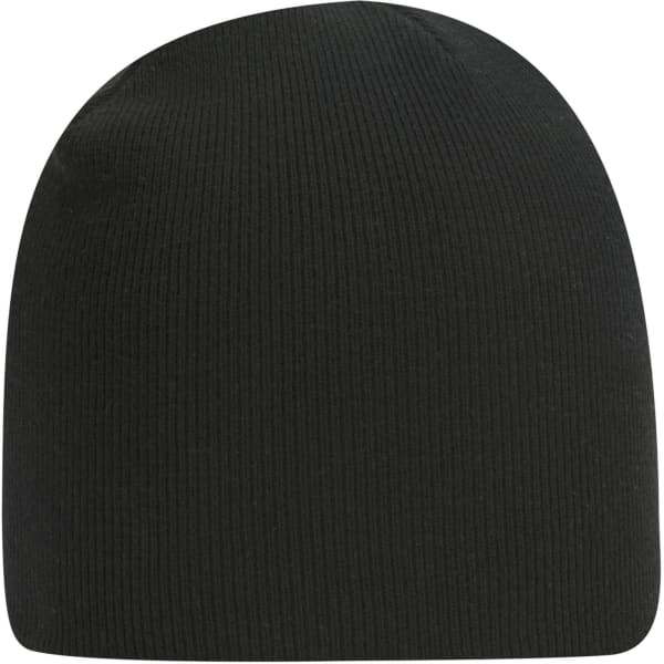 A classic black knit beanie with a ribbed texture and a logo on the side.