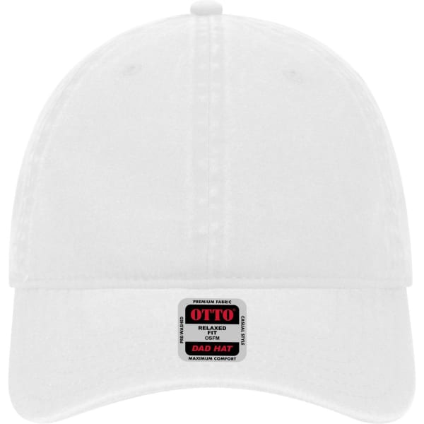 A white 6 panel low profile dad cap with a logo on the front.