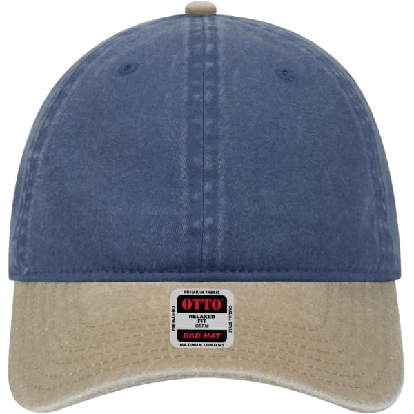 A navy blue and khaki 6-panel low profile dad cap with a logo on the front.