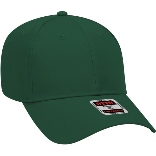 A green 6 panel low profile baseball cap with a curved brim and a logo on the front.