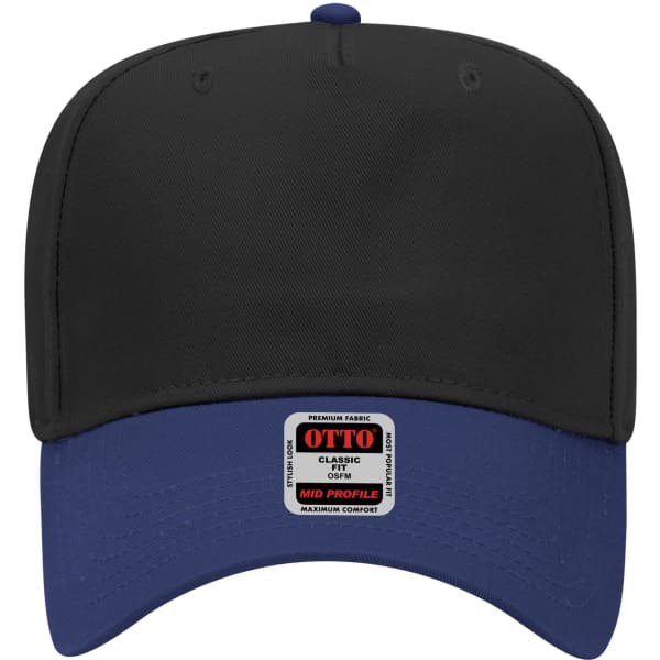 A black and blue 5 panel mid crown baseball cap with a logo on the front.