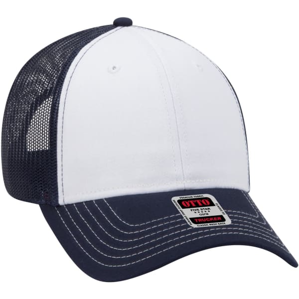 A low profile trucker cap in white with navy mesh sides and a branded label on the front.