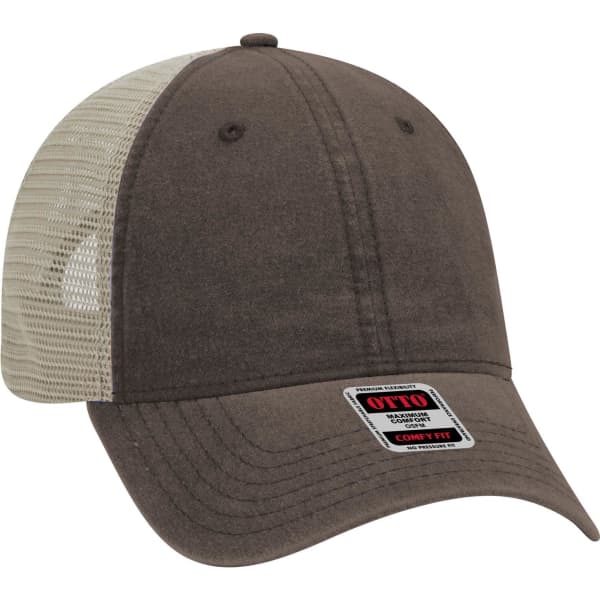A brown and beige 6-panel low profile trucker cap with a mesh back and a logo.