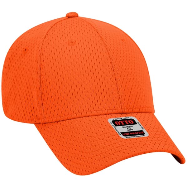 An orange 6-panel low profile baseball cap with a textured design and a logo on the front.