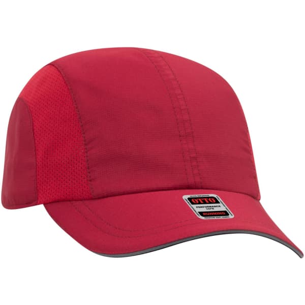 A red reflective six-panel running cap with mesh detailing and a logo on the front.