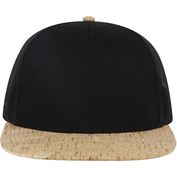A black 5 Panel Pro Style Trucker Cap featuring a cork-style brim and a logo on the front.