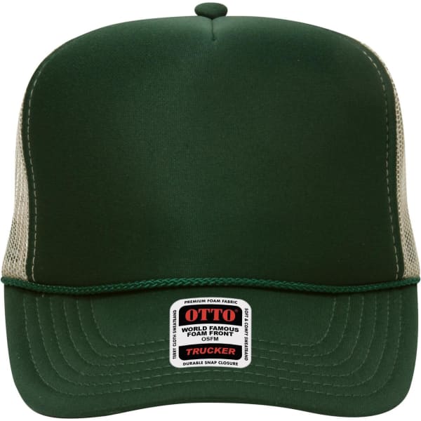 A green 5 panel high crown trucker cap with mesh sides and a label on the front.