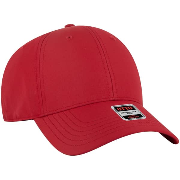 A red 6 panel low profile style baseball cap with a branding logo on the front.