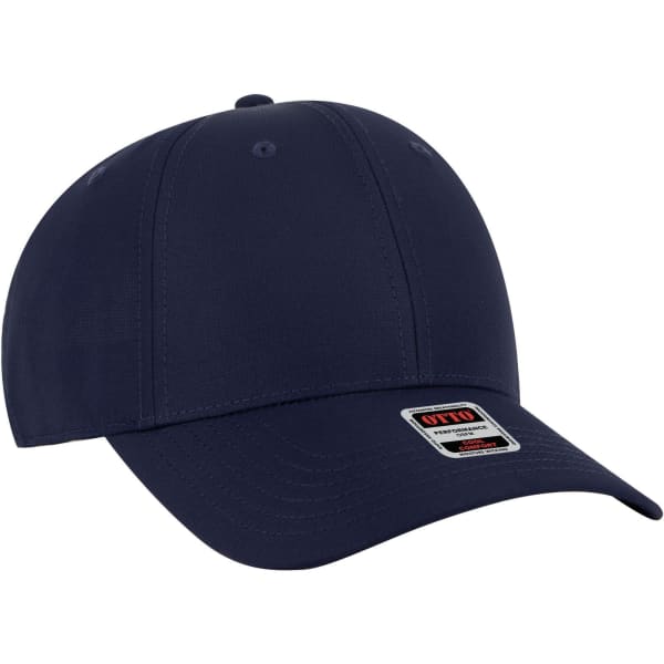 A navy 6 panel low profile style baseball cap with a logo on the front.