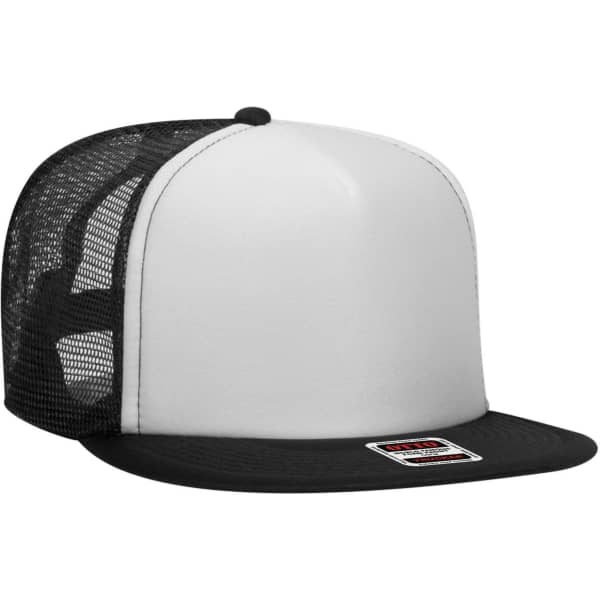 A high crown trucker cap featuring a black foam front and black mesh sides, with a curved brim and a logo.