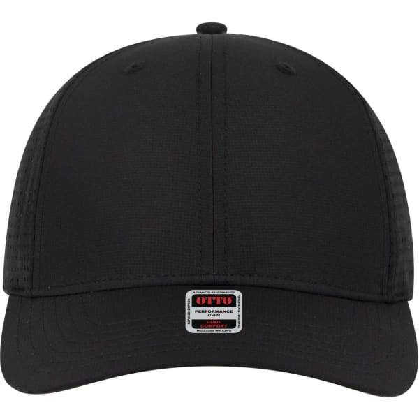 A black six-panel mid-profile baseball cap with a logo on the front. Features a structured fit and ventilation panels.