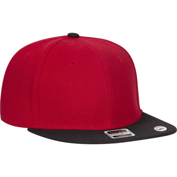 A six-panel mid-profile snapback cap featuring a red body and black flat brim, with a logo on the side.
