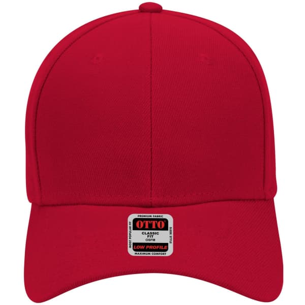A red six-panel low profile baseball cap with a brand logo on the front.