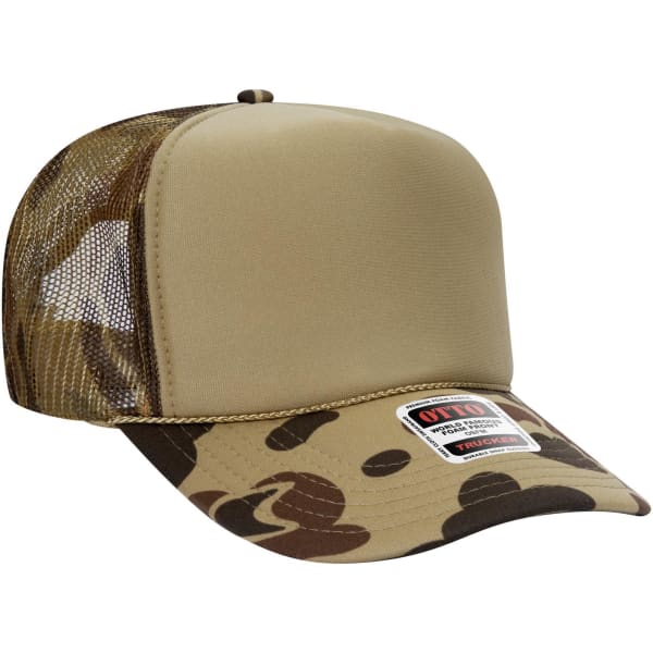 A high crown trucker cap in khaki with a camouflage print and mesh back, featuring a logo on the front.