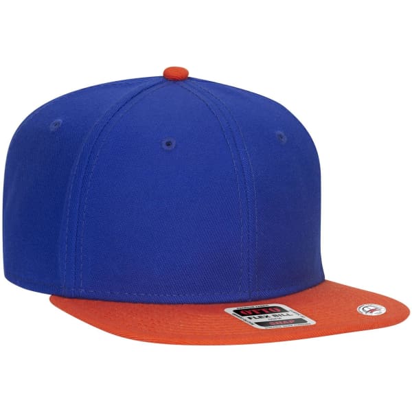 A blue snapback cap with an orange brim and an emblem on the side.