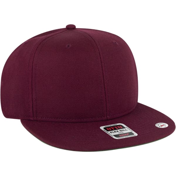 A burgundy snapback cap with a flat brim and a branded tag on the side.