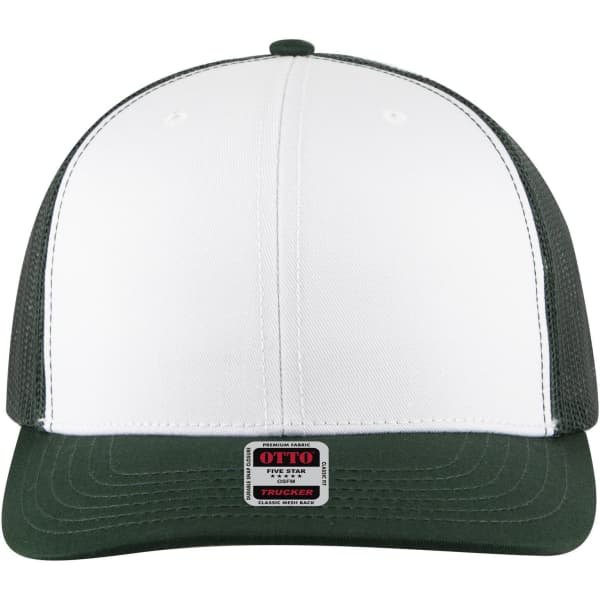 A 6 panel mid profile trucker cap in white and dark green, featuring a logo on the front and mesh sides.