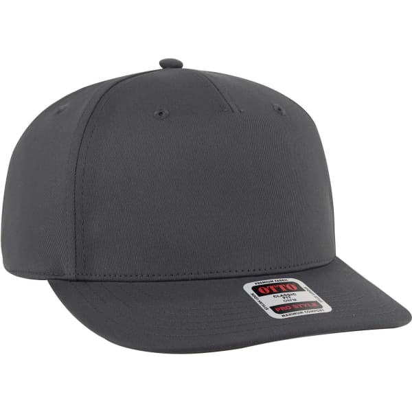 A grey 5-panel snapback hat featuring a structured design and a flat brim. It has a logo on the side.