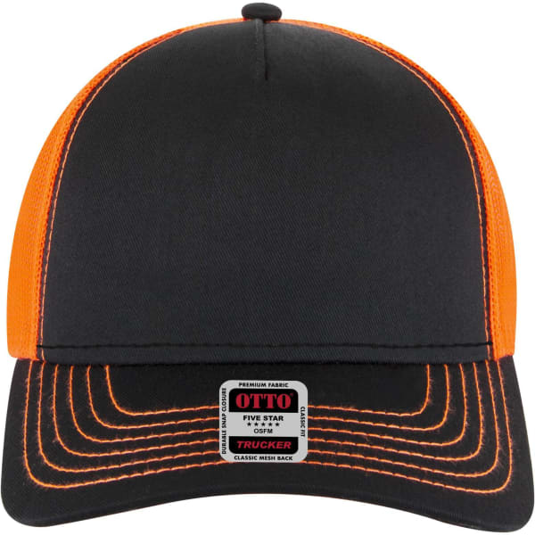 A 5-panel low profile trucker cap in black and orange, featuring stitching details and a branding label.