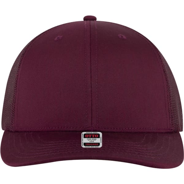A maroon 6 panel mid profile trucker cap with a mesh back and a small logo at the front.