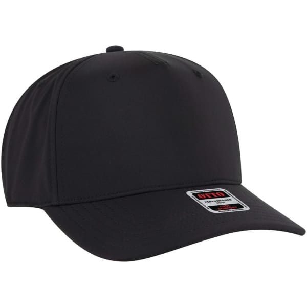 A black 5-panel mid-profile baseball cap with a curved brim and a logo patch.