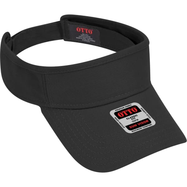 A black sun visor with a wide brim and an adjustable strap, featuring a logo and a label on the front.