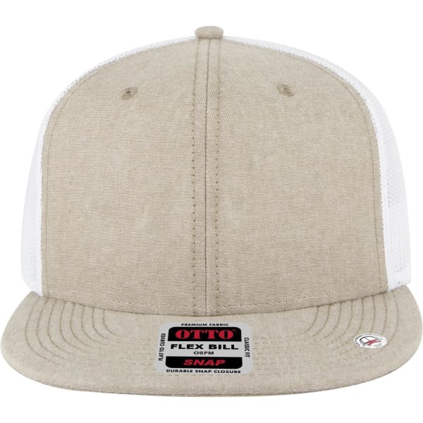 A beige trucker cap with a mid-profile design and white mesh panels, featuring a brand logo on the front.