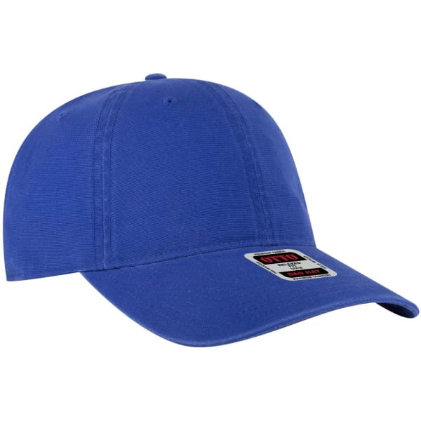 A blue 6 panel low profile dad cap with a curved brim and a logo badge on the front.
