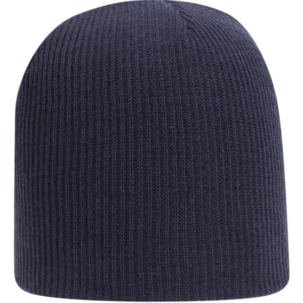 A dark navy rib knit beanie with a soft, textured fabric and a simple design. It features a logo on one side.