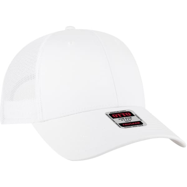 A white 6 panel low profile trucker cap with a mesh back and a logo patch on the front.