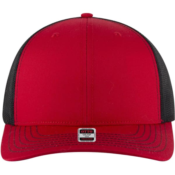 A red and black 6 panel mid profile trucker cap with a logo on the front.