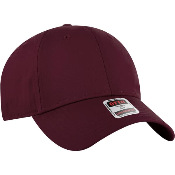 A burgundy 6-panel low profile baseball cap featuring a brand logo on the front.