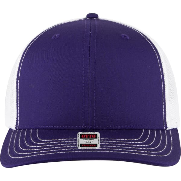 A purple and white 6 panel mid profile trucker cap with a logo on the front.