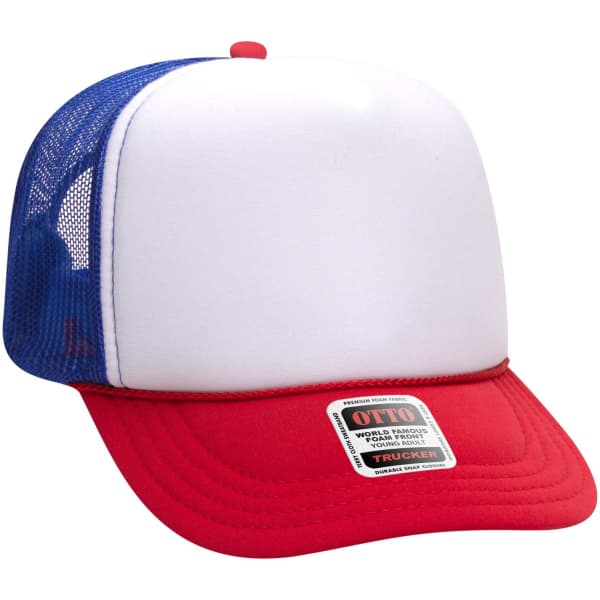 A five-panel high crown trucker cap featuring a red brim, white front, and blue mesh sides. It has a logo on the front.